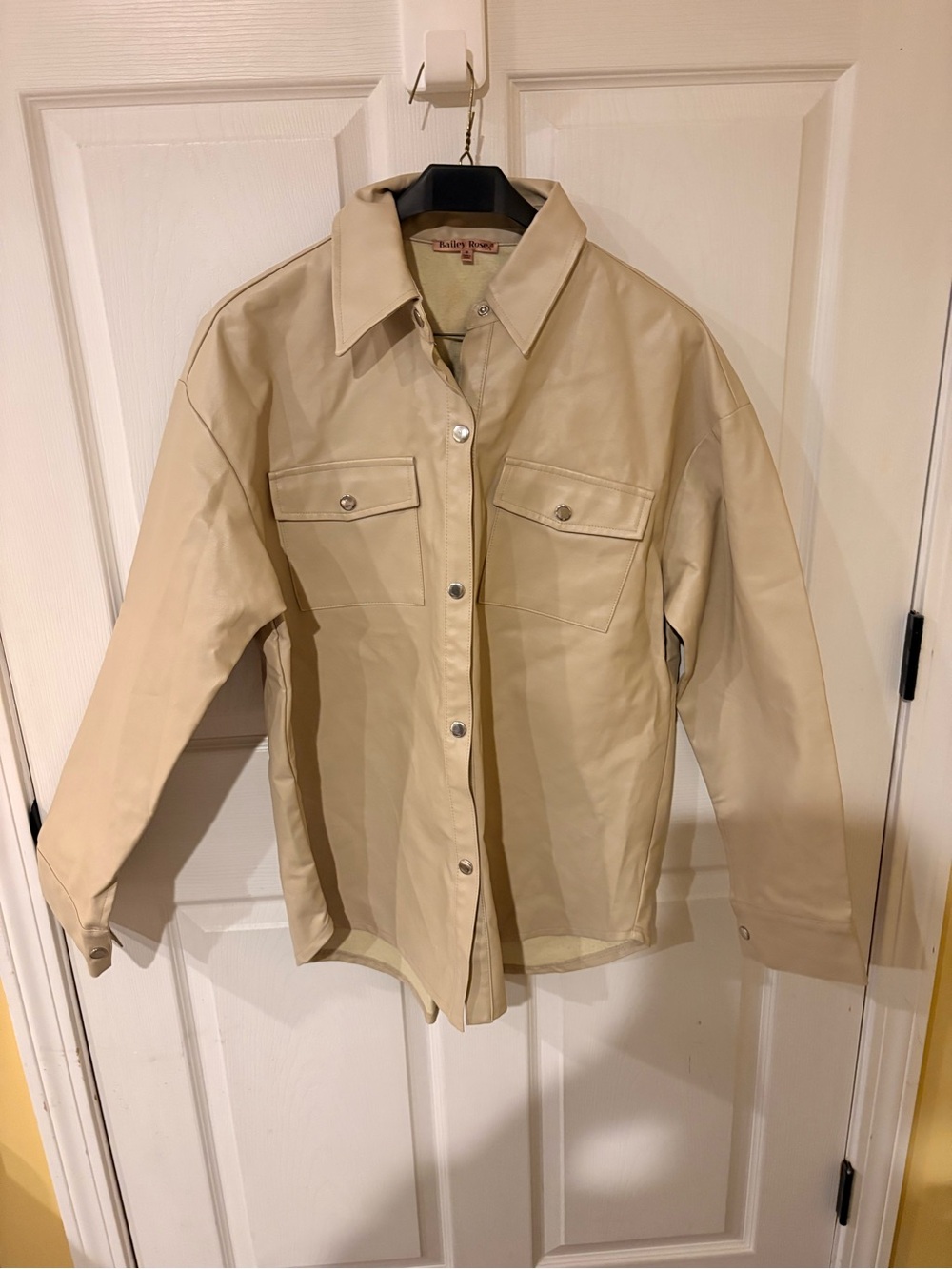 Beige Faux Leather Button-Front Shirt Jacket